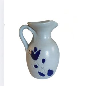 Williamsburg Pottery Vintage Gray +Blue Floral Salt Glazed 6 Inch Pitcher, Vase